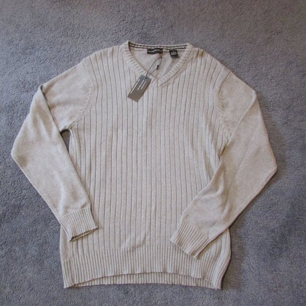 NWT Michael Brandon Large Heather Gray Ribbed Knit Vneck Sweater Quality